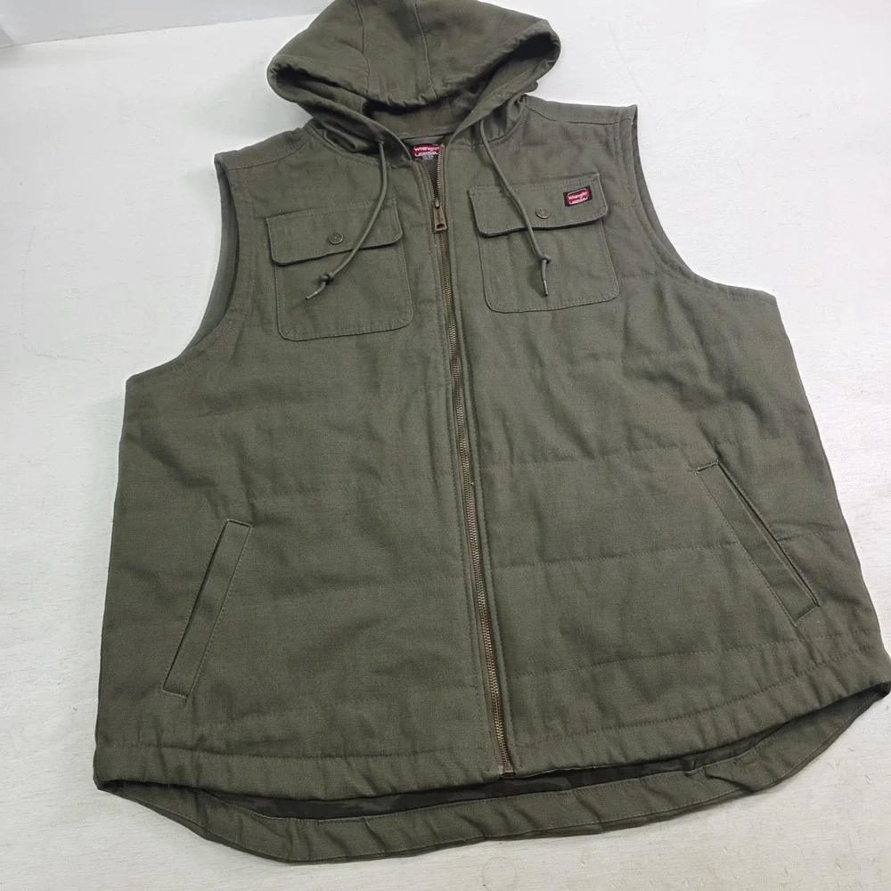 Wrangler Workwear Green Canvas Hooded Sleeveless Zip Vest Jacket Men's‎ 2XL EUC